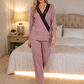 Dusky Pink Knit Wrap-Style Pyjama Set with Lace Panel