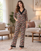 Black Floral Wrap-Style Pyjama Set with Lace Trim