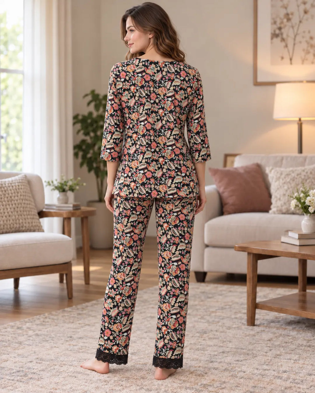 Black Floral Wrap-Style Pyjama Set with Lace Trim