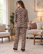 Black Floral Wrap-Style Pyjama Set with Lace Trim