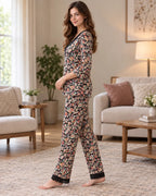 Black Floral Wrap-Style Pyjama Set with Lace Trim