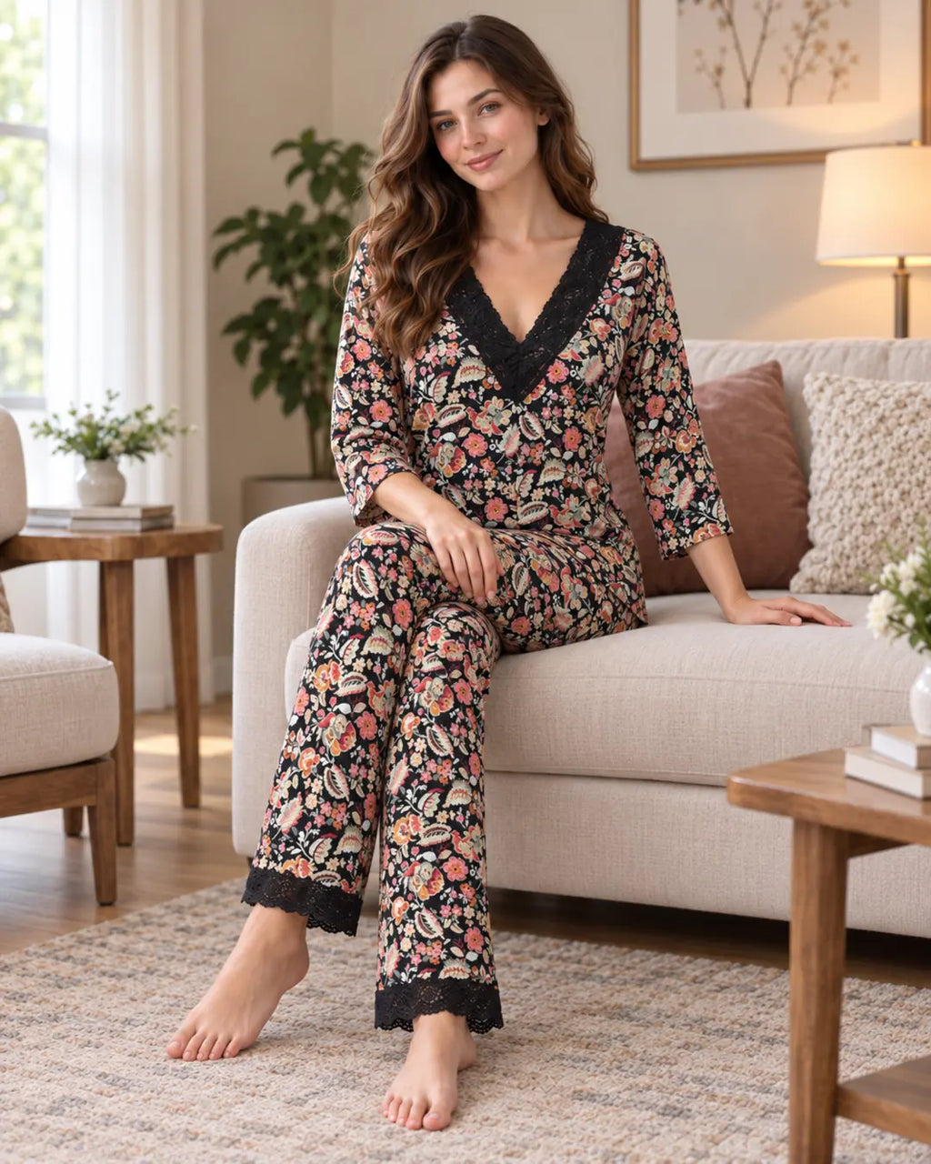 Black Floral Wrap-Style Pyjama Set with Lace Trim