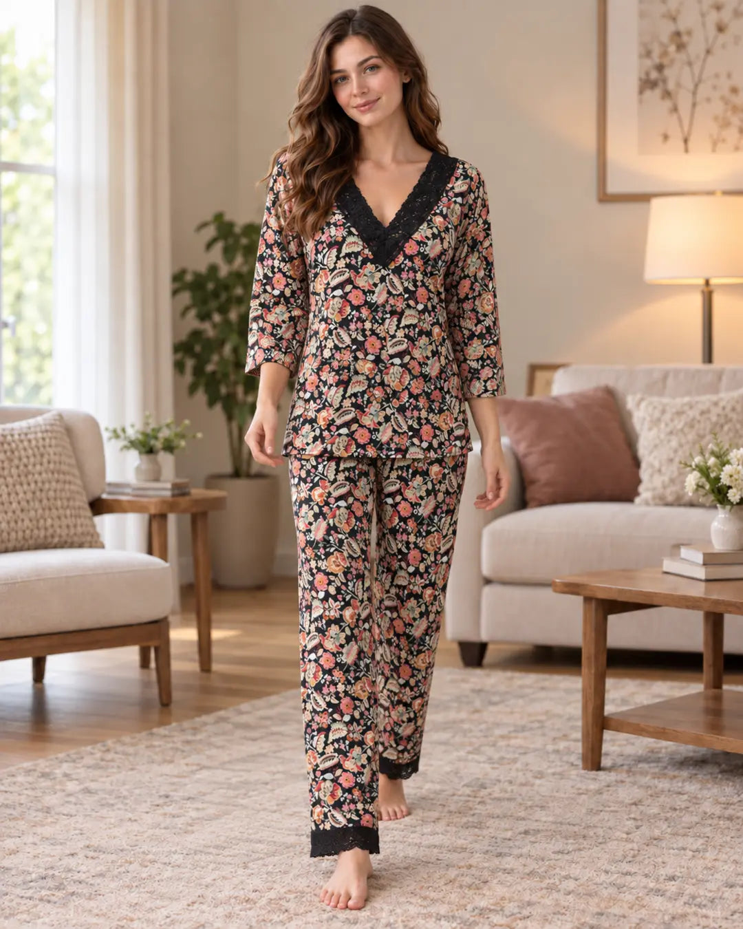 Black Floral Wrap-Style Pyjama Set with Lace Trim