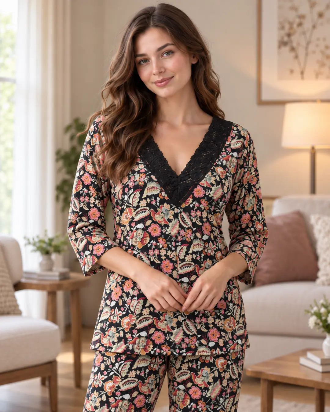 Black Floral Wrap-Style Pyjama Set with Lace Trim
