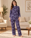 Purple Floral Mandarin-Collar Pyjama Set with Lace Trim