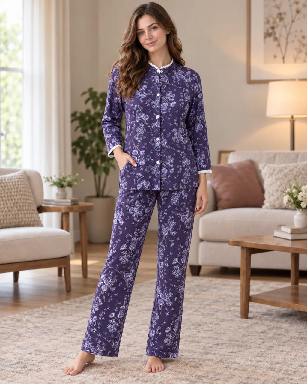 Purple Floral Mandarin-Collar Pyjama Set with Lace Trim