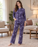 Purple Floral Mandarin-Collar Pyjama Set with Lace Trim