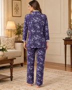 Purple Floral Mandarin-Collar Pyjama Set with Lace Trim