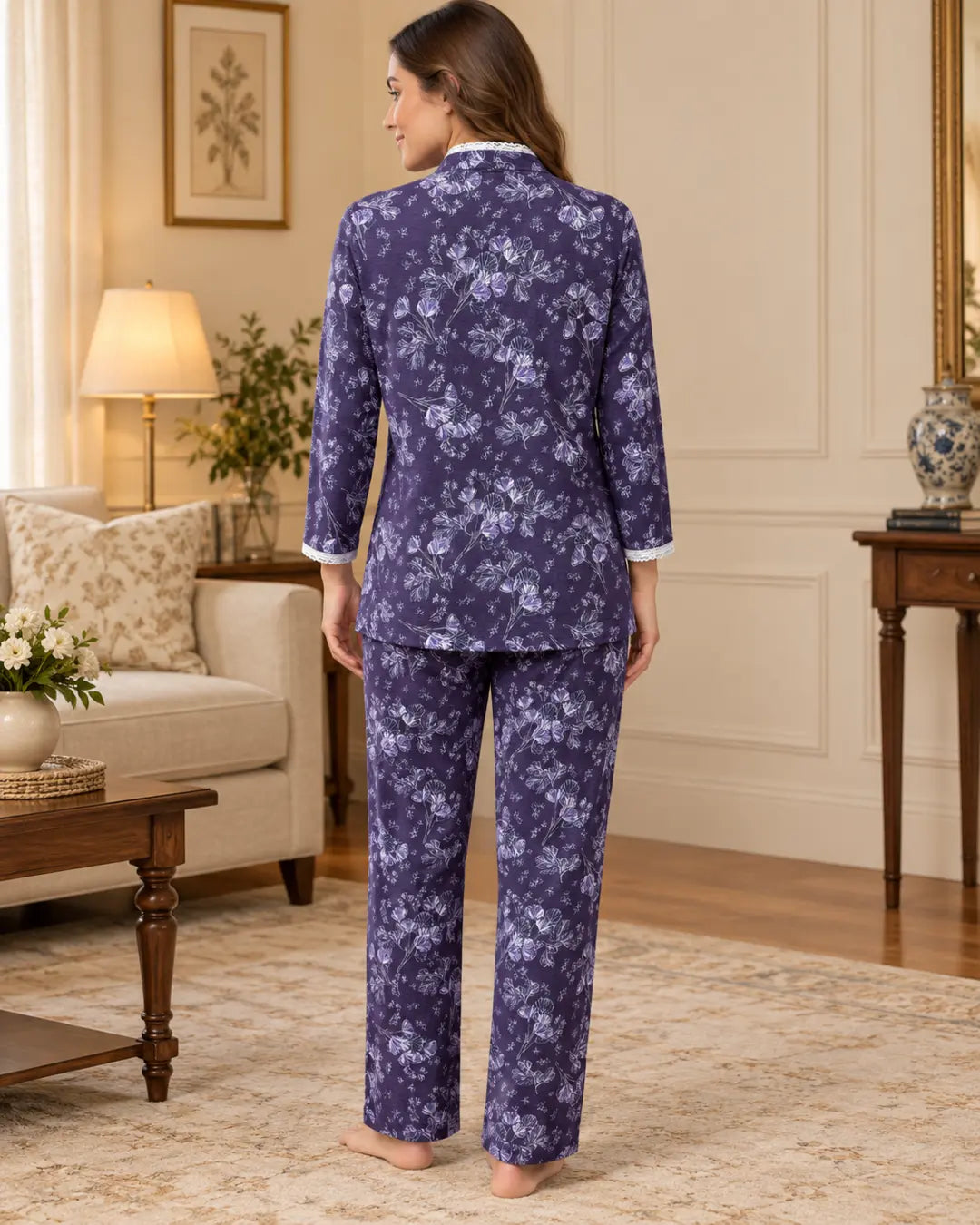 Purple Floral Mandarin-Collar Pyjama Set with Lace Trim