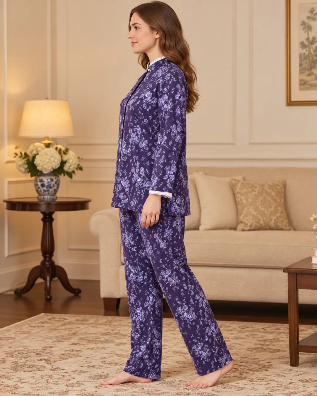 Purple Floral Mandarin-Collar Pyjama Set with Lace Trim