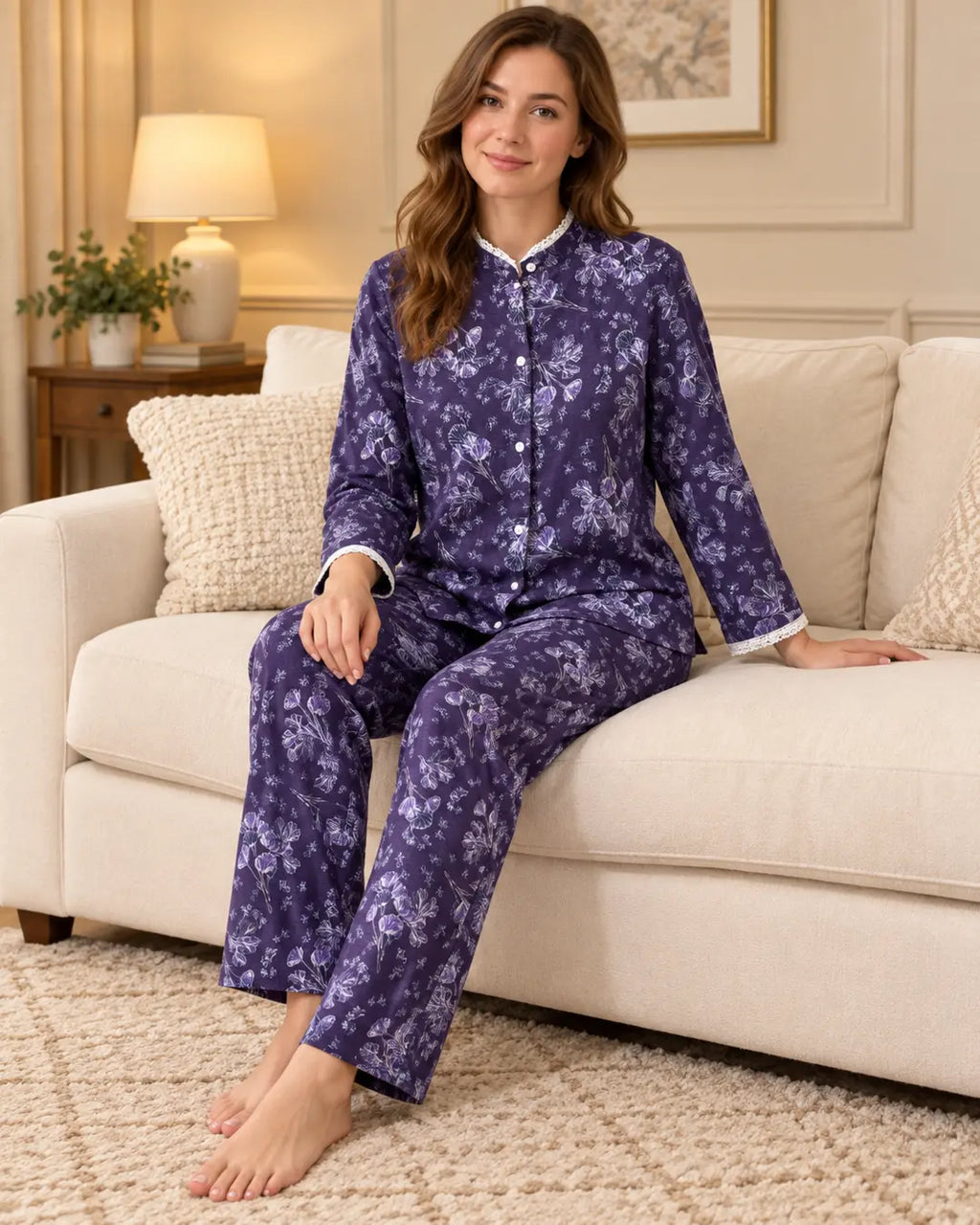 Purple Floral Mandarin-Collar Pyjama Set with Lace Trim