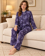 Purple Floral Mandarin-Collar Pyjama Set with Lace Trim