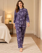 Purple Floral Mandarin-Collar Pyjama Set with Lace Trim