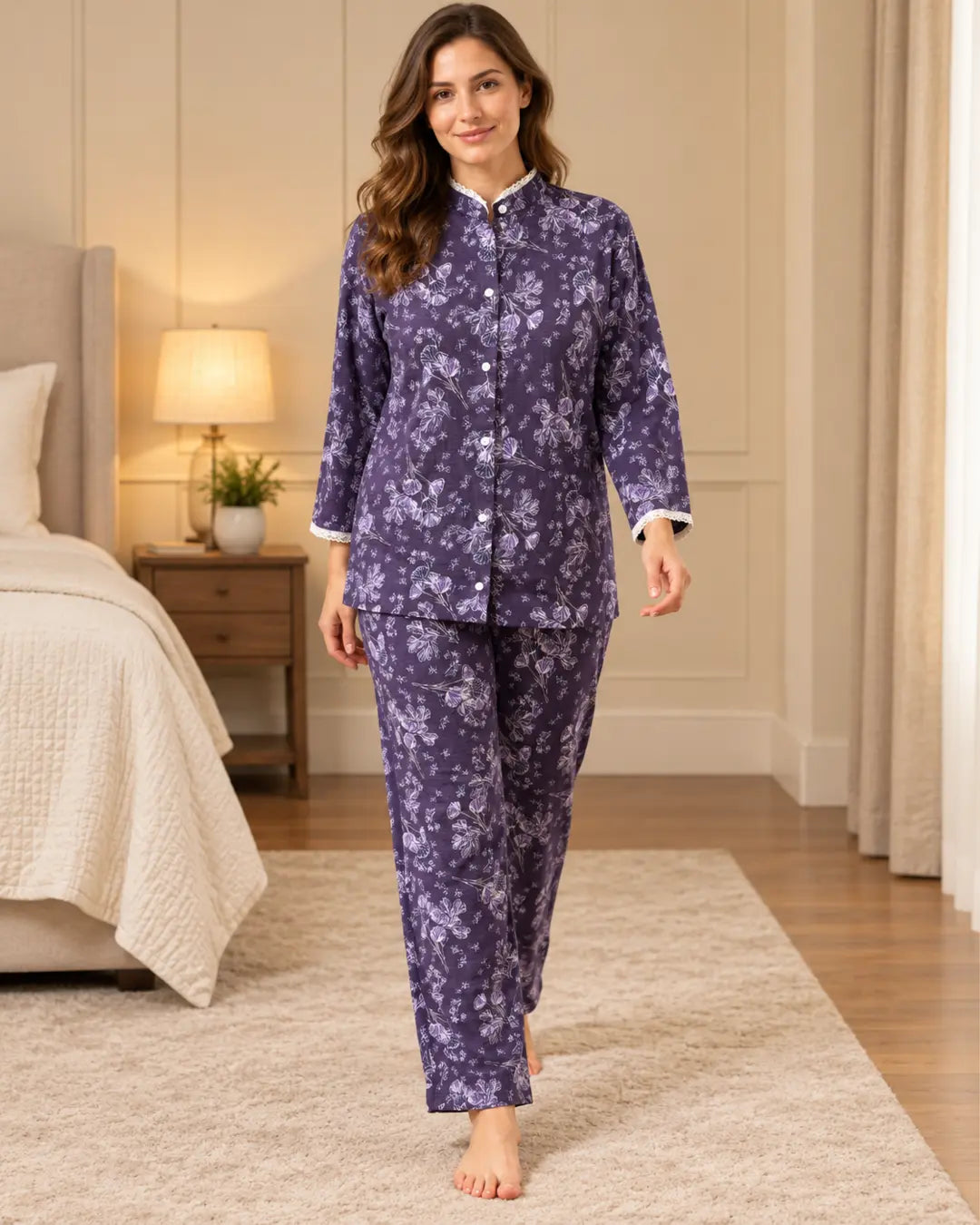 Purple Floral Mandarin-Collar Pyjama Set with Lace Trim