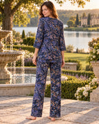 blue Abstract Floral Pyjama Set with Keyhole Neckline