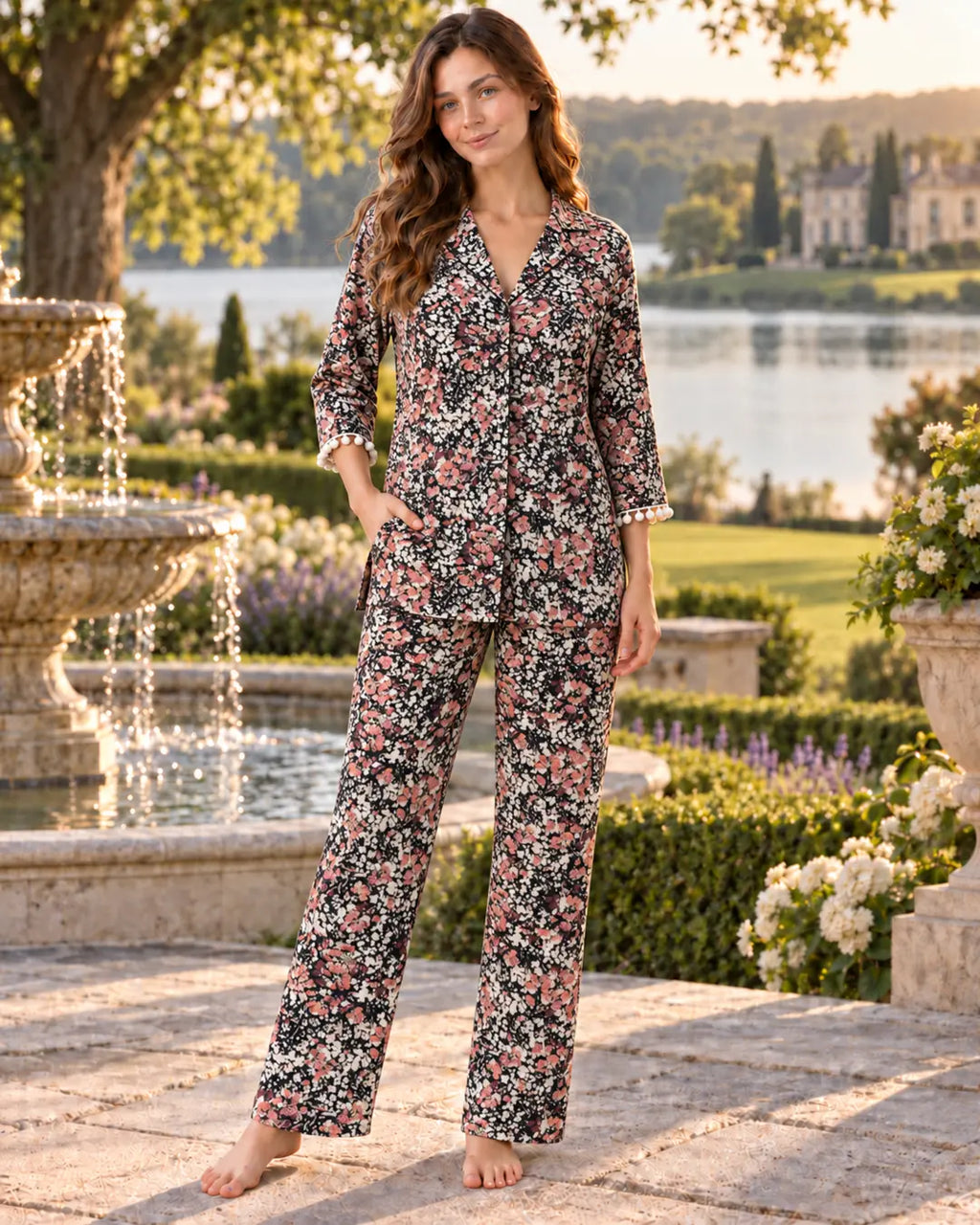 Black Ditsy Floral Pyjama Set with Pom-Pom Trim
