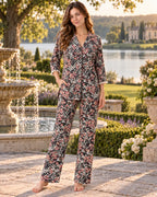 Black Ditsy Floral Pyjama Set with Pom-Pom Trim