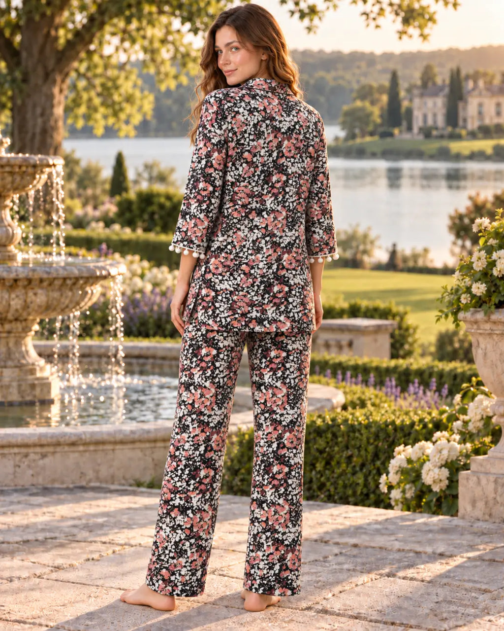 Black Ditsy Floral Pyjama Set with Pom-Pom Trim