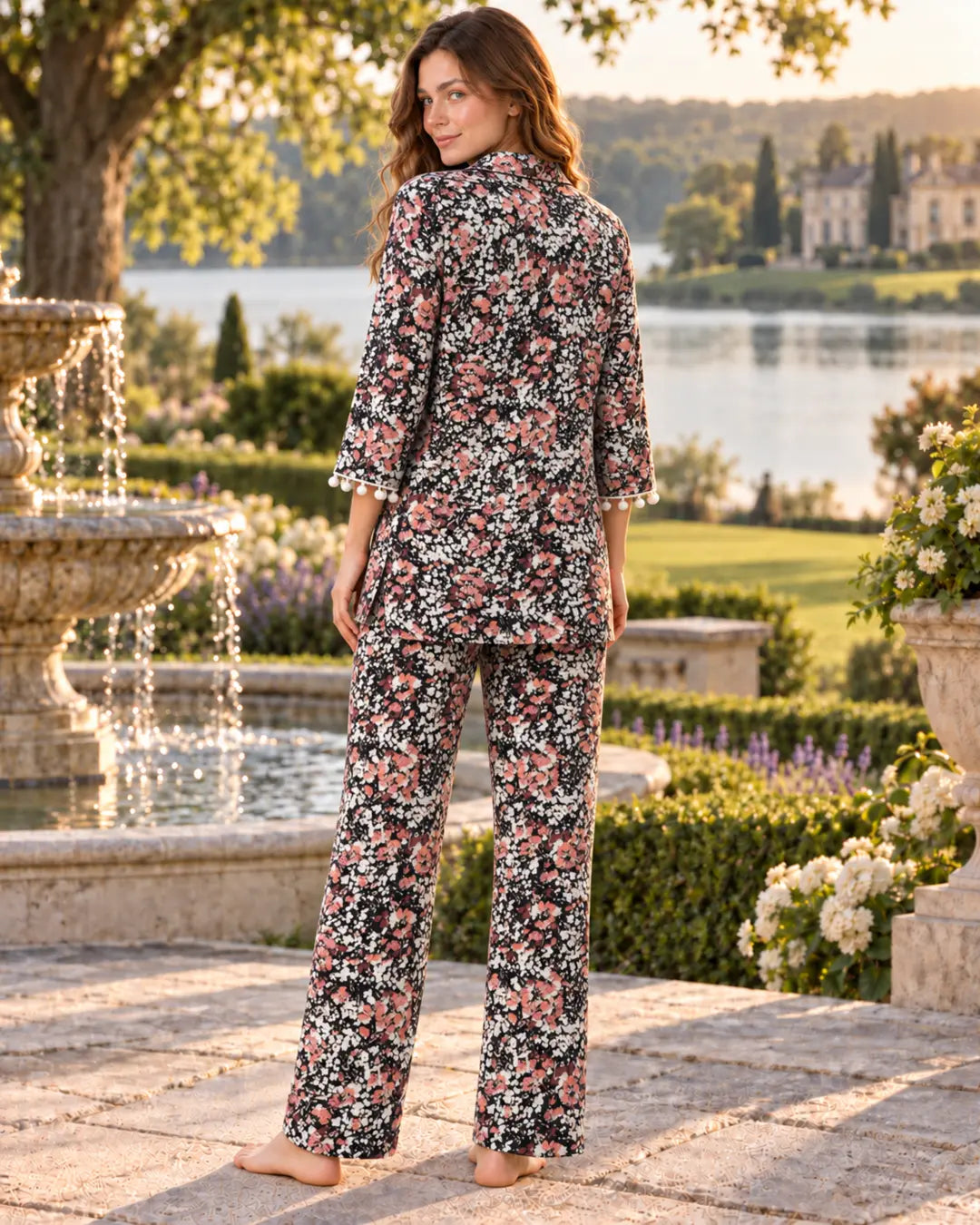 Black Ditsy Floral Pyjama Set with Pom-Pom Trim