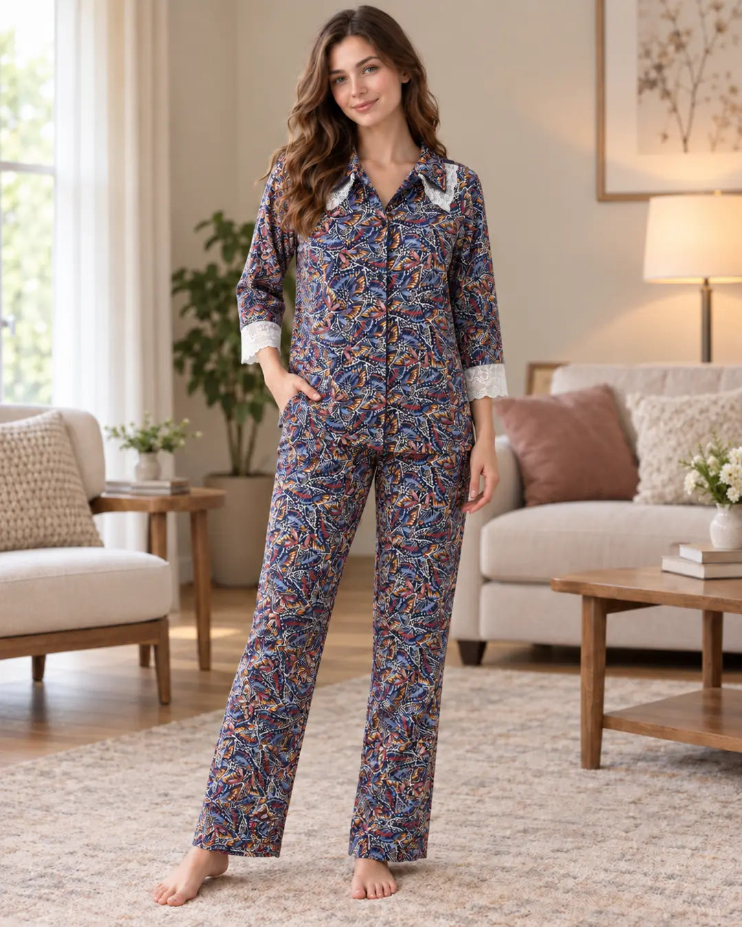 Navy Butterfly Print Collared Pyjama Set with Lace Cuffs