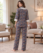 Navy Butterfly Print Collared Pyjama Set with Lace Cuffs
