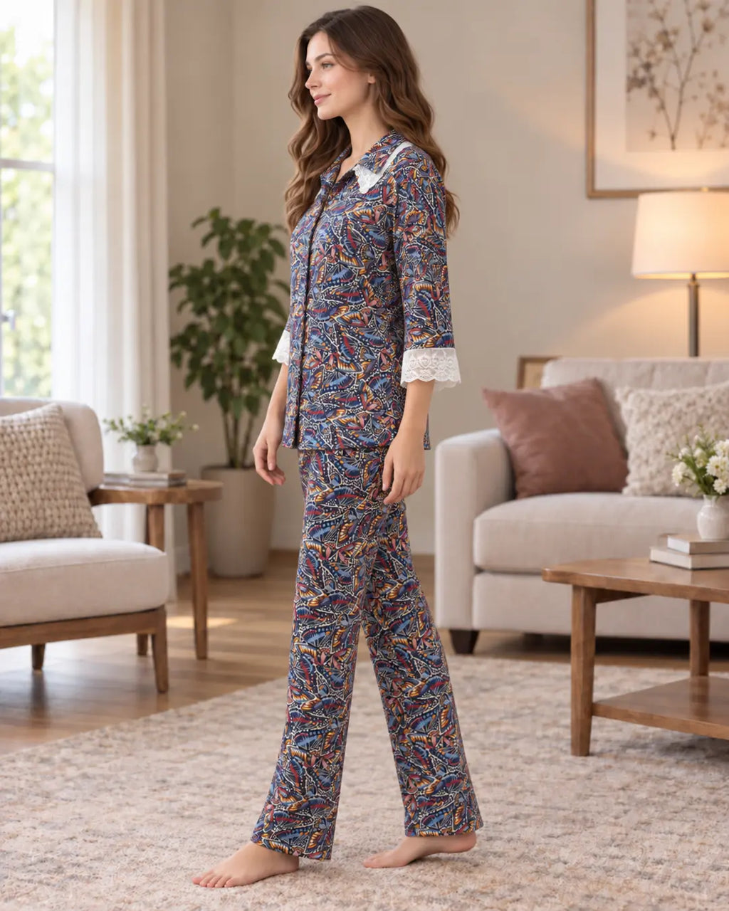 Navy Butterfly Print Collared Pyjama Set with Lace Cuffs