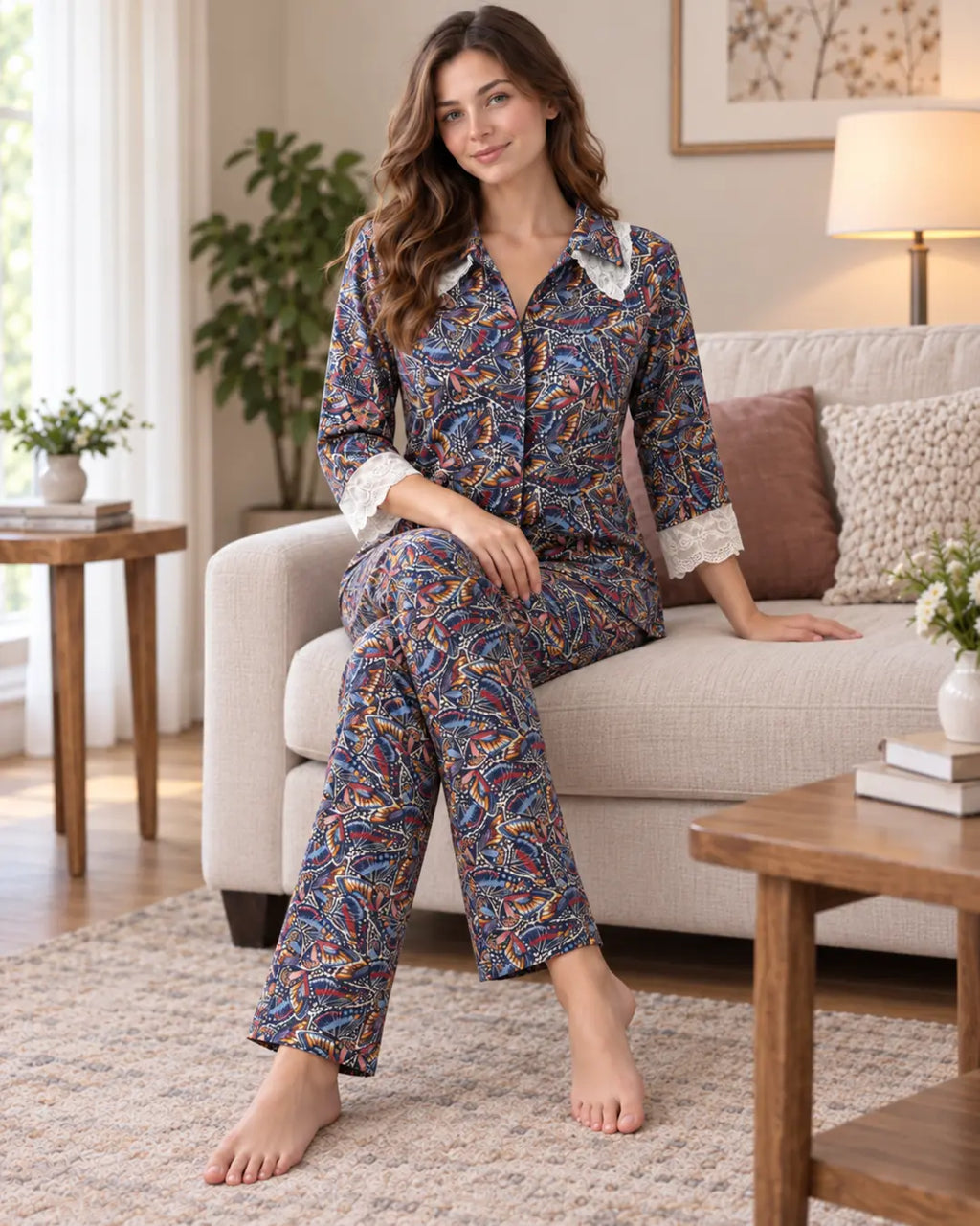 Navy Butterfly Print Collared Pyjama Set with Lace Cuffs