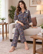 Navy Butterfly Print Collared Pyjama Set with Lace Cuffs