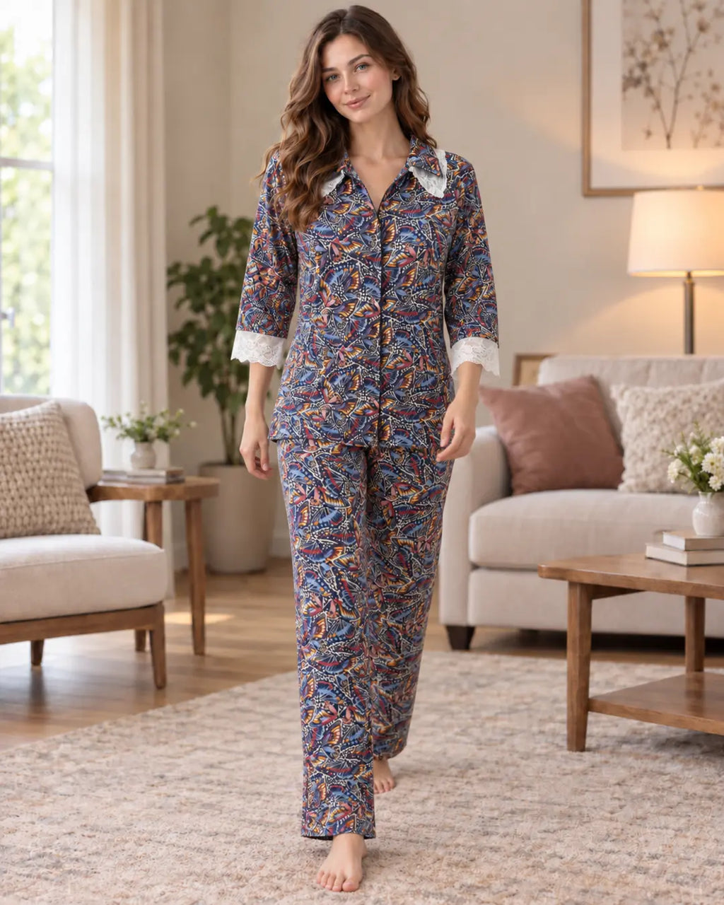Navy Butterfly Print Collared Pyjama Set with Lace Cuffs