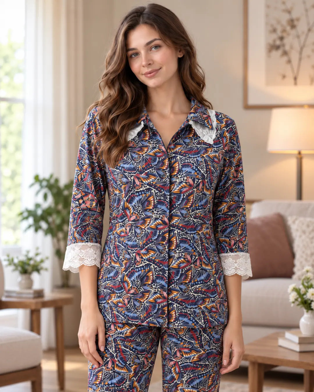 Navy Butterfly Print Collared Pyjama Set with Lace Cuffs