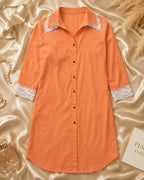 Orange Rayon Collared Sleep Shirt with Lace Cuffs