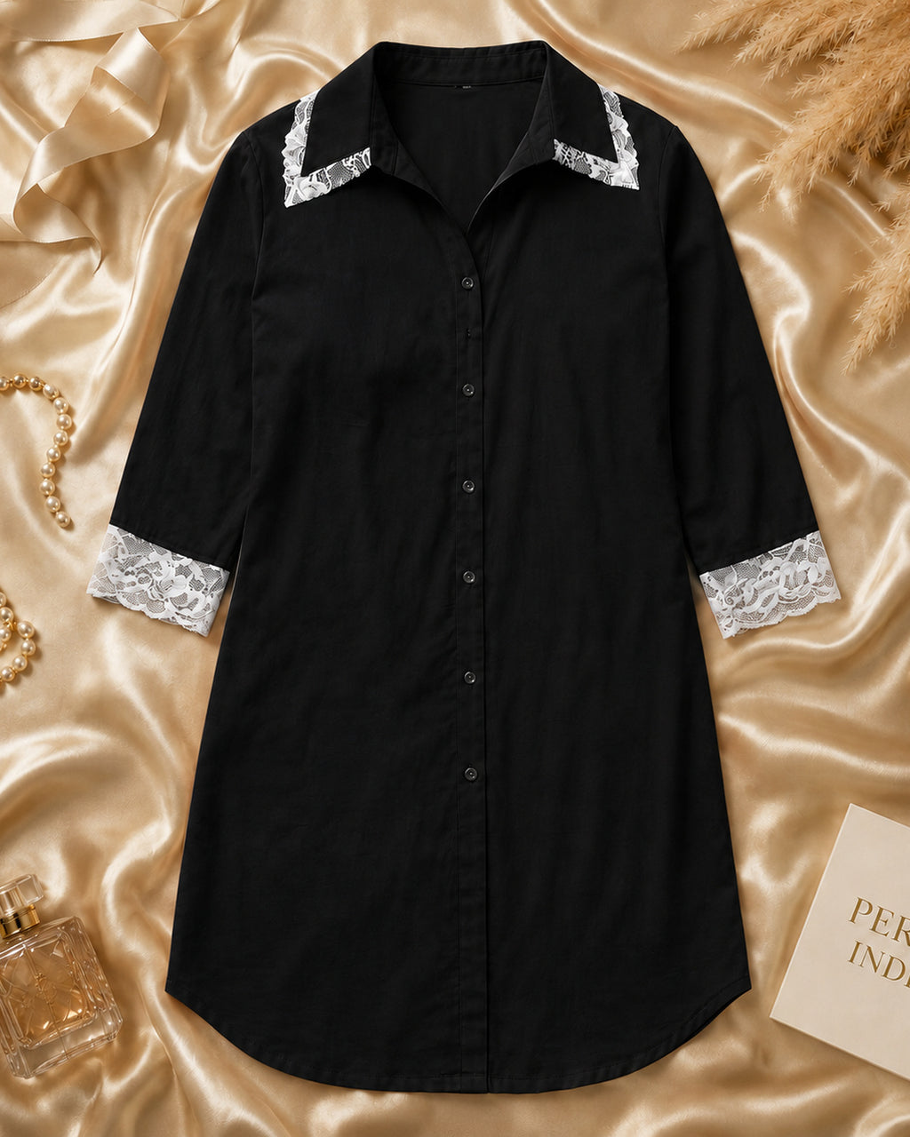 Black Rayon Collared Sleep Shirt with Lace Cuffs