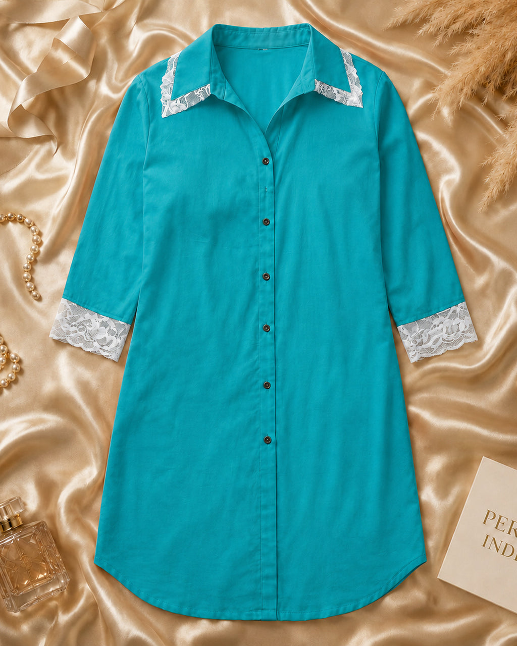 Turquoise Rayon Collared Sleep Shirt with Lace Cuffs