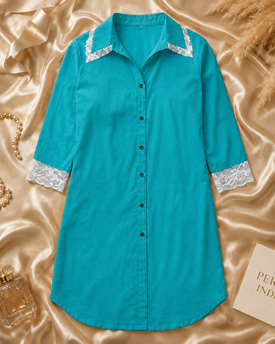 Turquoise Rayon Collared Sleep Shirt with Lace Cuffs
