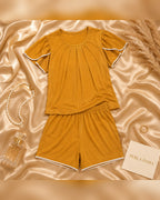 Mustard Knit Flutter-Sleeve Top & Shorts Set with Lace Trim
