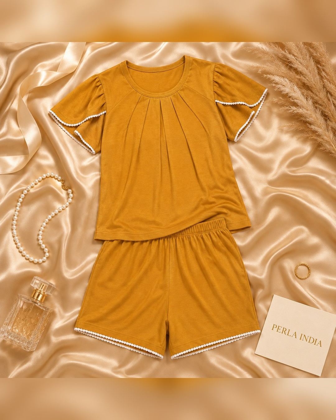 Mustard Knit Flutter-Sleeve Top & Shorts Set with Lace Trim