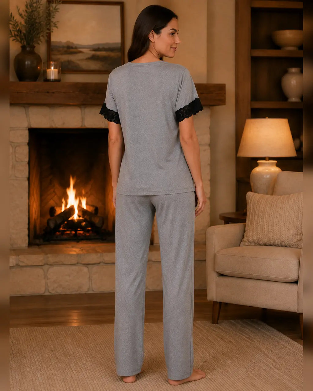 Grey Knit Button-Down Pyjama Set with Black Lace Trim