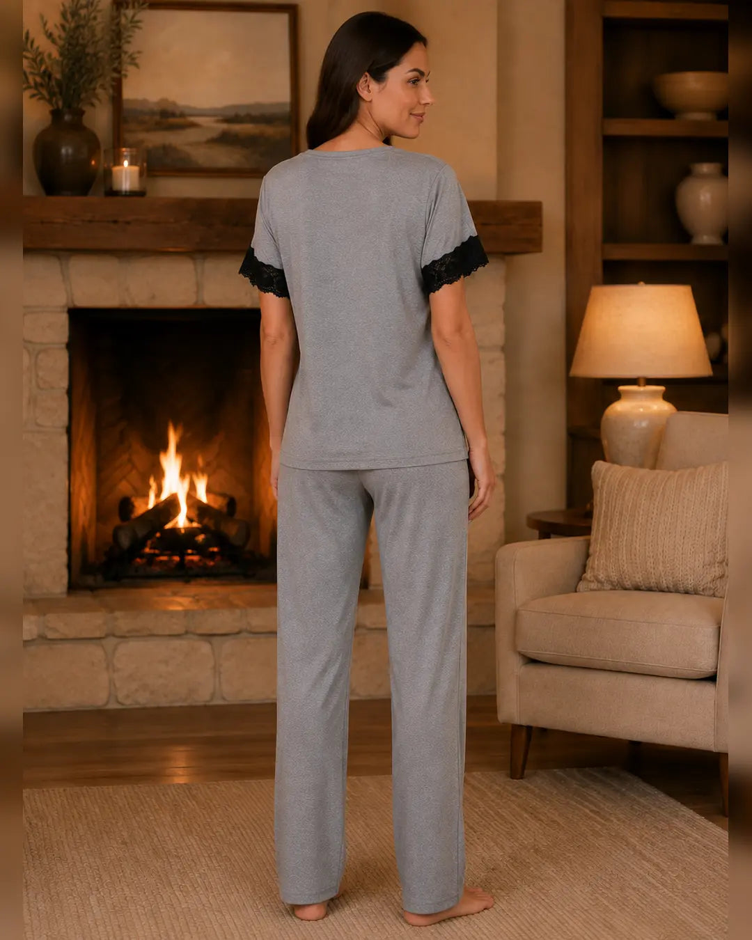 Grey Knit Button-Down Pyjama Set with Black Lace Trim