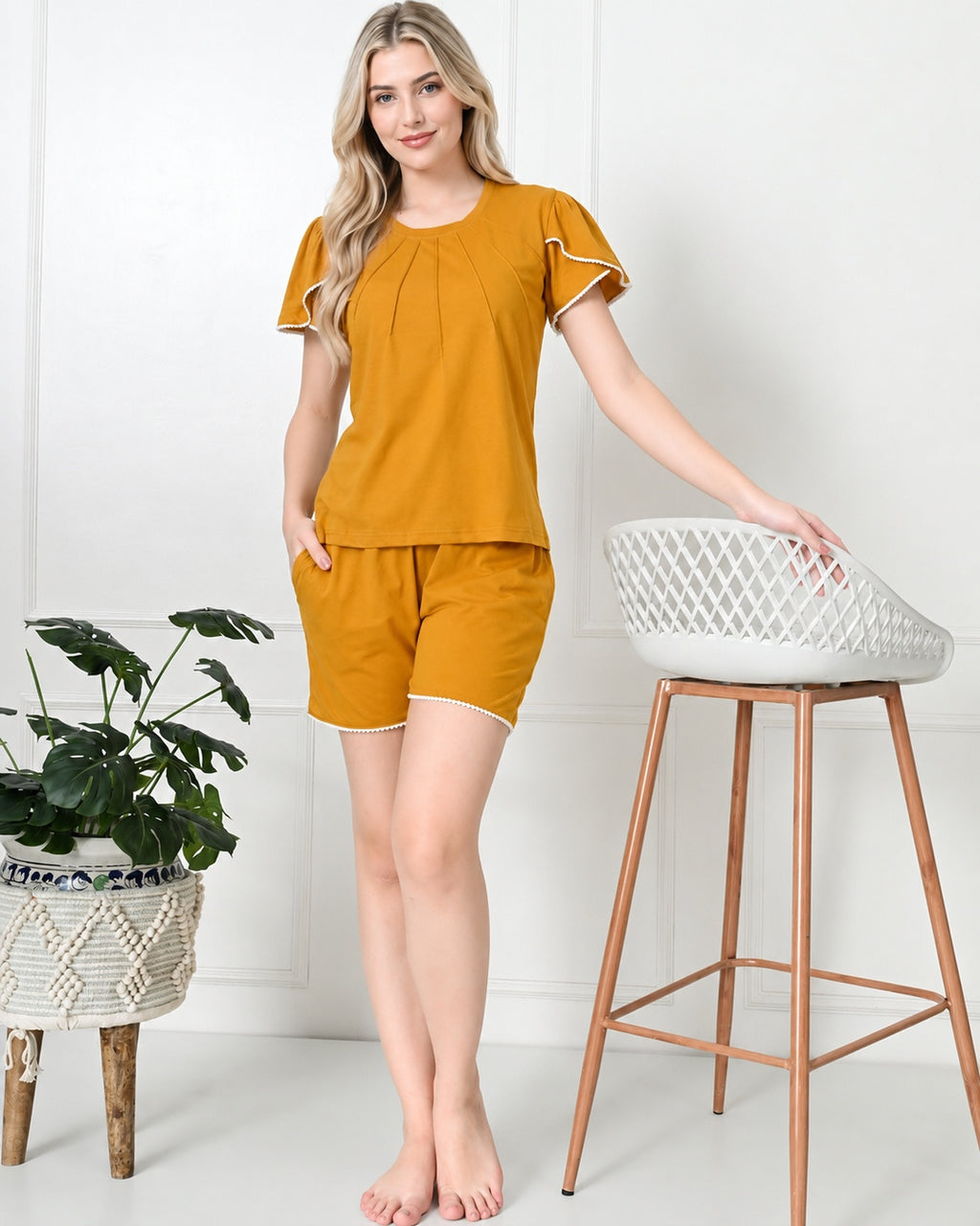 Mustard Knit Flutter-Sleeve Top & Shorts Set with Lace Trim