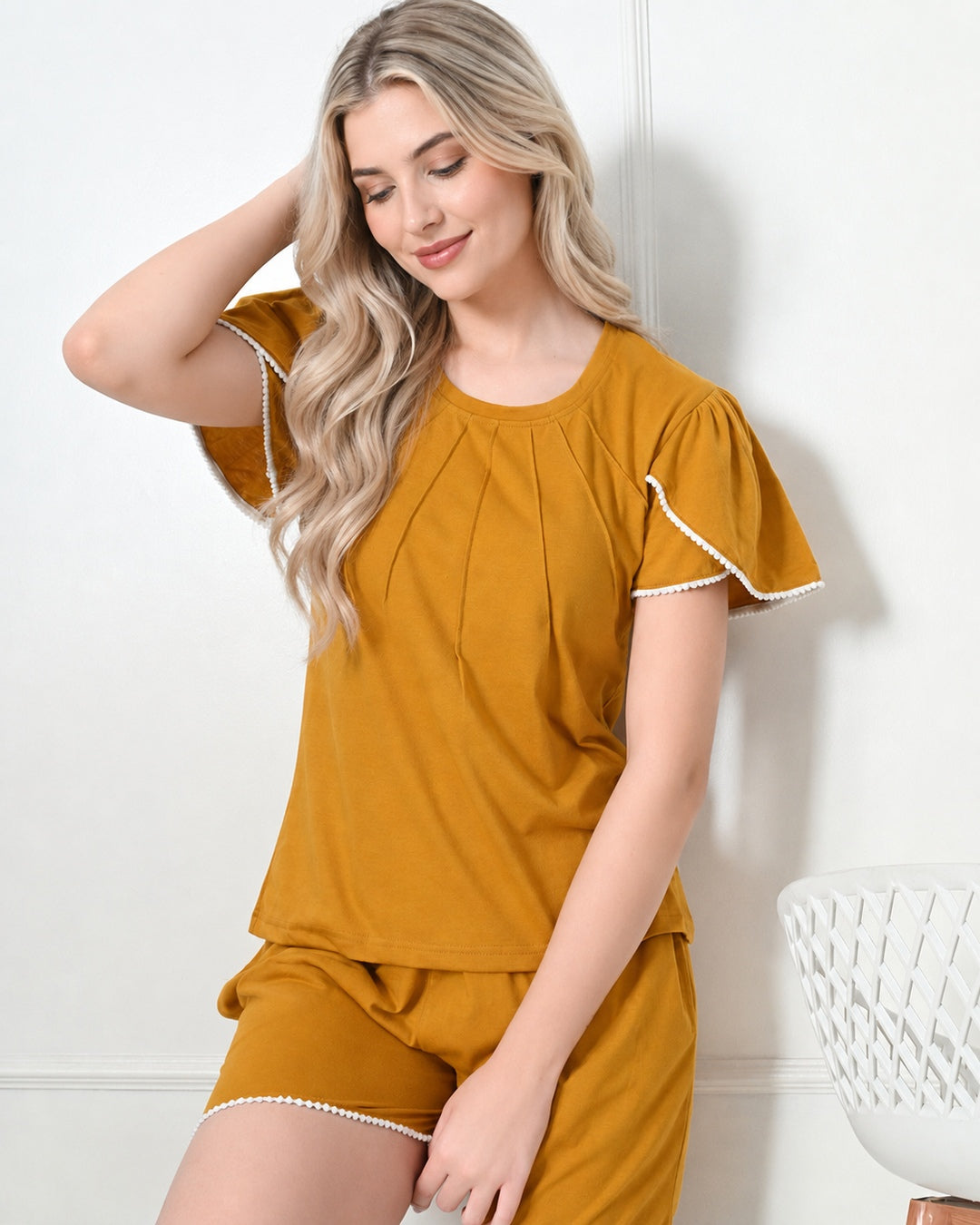 Mustard Knit Flutter-Sleeve Top & Shorts Set with Lace Trim