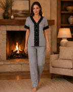 Grey Knit Button-Down Pyjama Set with Black Lace Trim