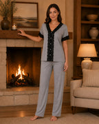 Grey Knit Button-Down Pyjama Set with Black Lace Trim