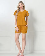 Mustard Knit Flutter-Sleeve Top & Shorts Set with Lace Trim