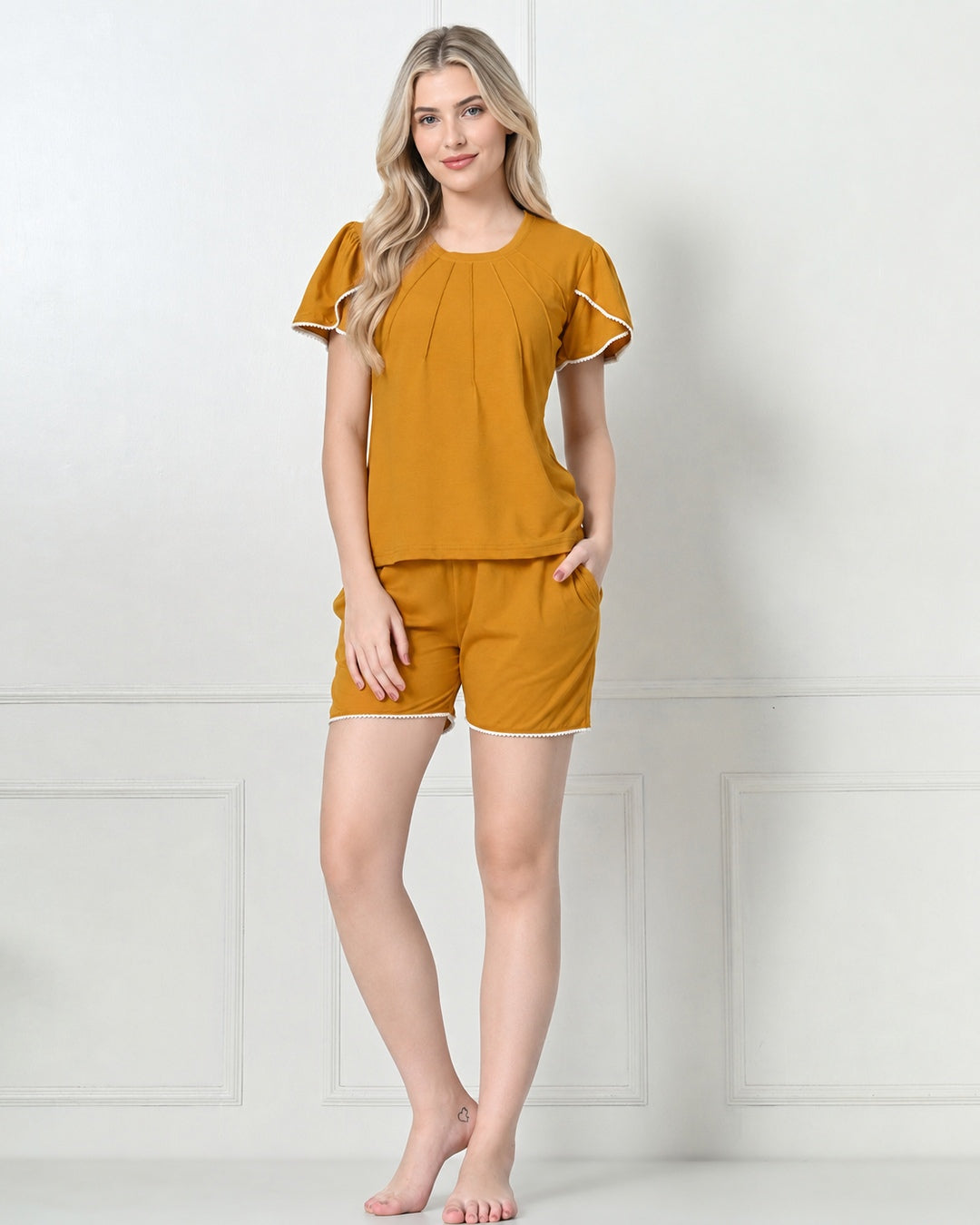 Mustard Knit Flutter-Sleeve Top & Shorts Set with Lace Trim
