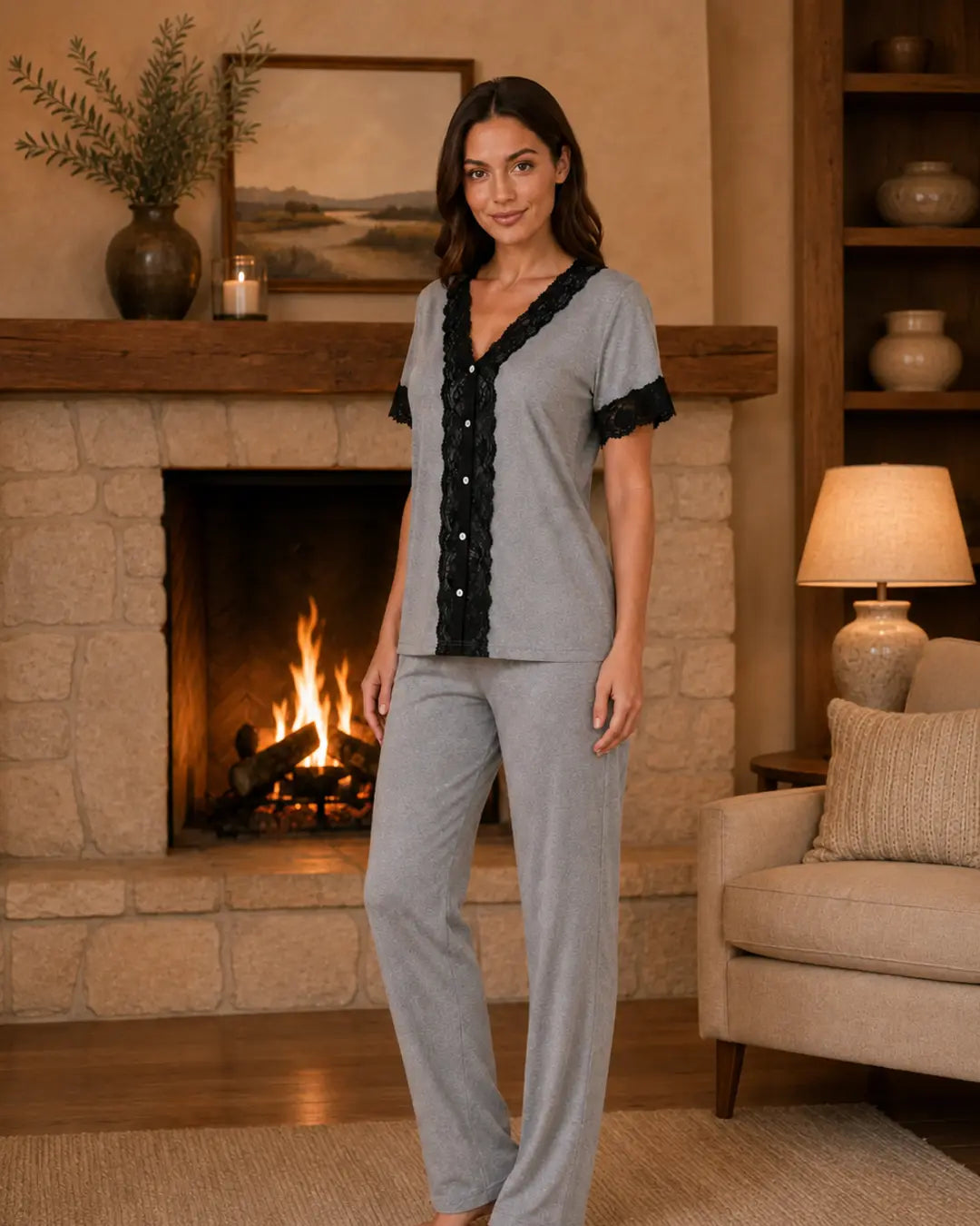 Grey Knit Button-Down Pyjama Set with Black Lace Trim