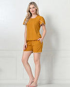 Mustard Knit Flutter-Sleeve Top & Shorts Set with Lace Trim
