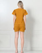 Mustard Knit Flutter-Sleeve Top & Shorts Set with Lace Trim