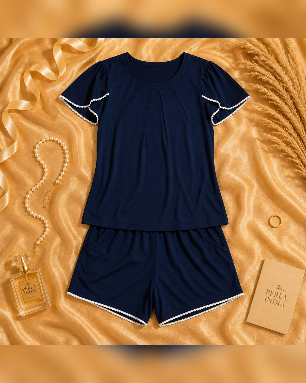 Navy Blue Knit Flutter-Sleeve Top & Shorts Set with Lace TrimHook line