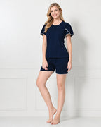 Navy Blue Knit Flutter-Sleeve Top & Shorts Set with Lace TrimHook line