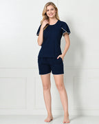 Navy Blue Knit Flutter-Sleeve Top & Shorts Set with Lace TrimHook line
